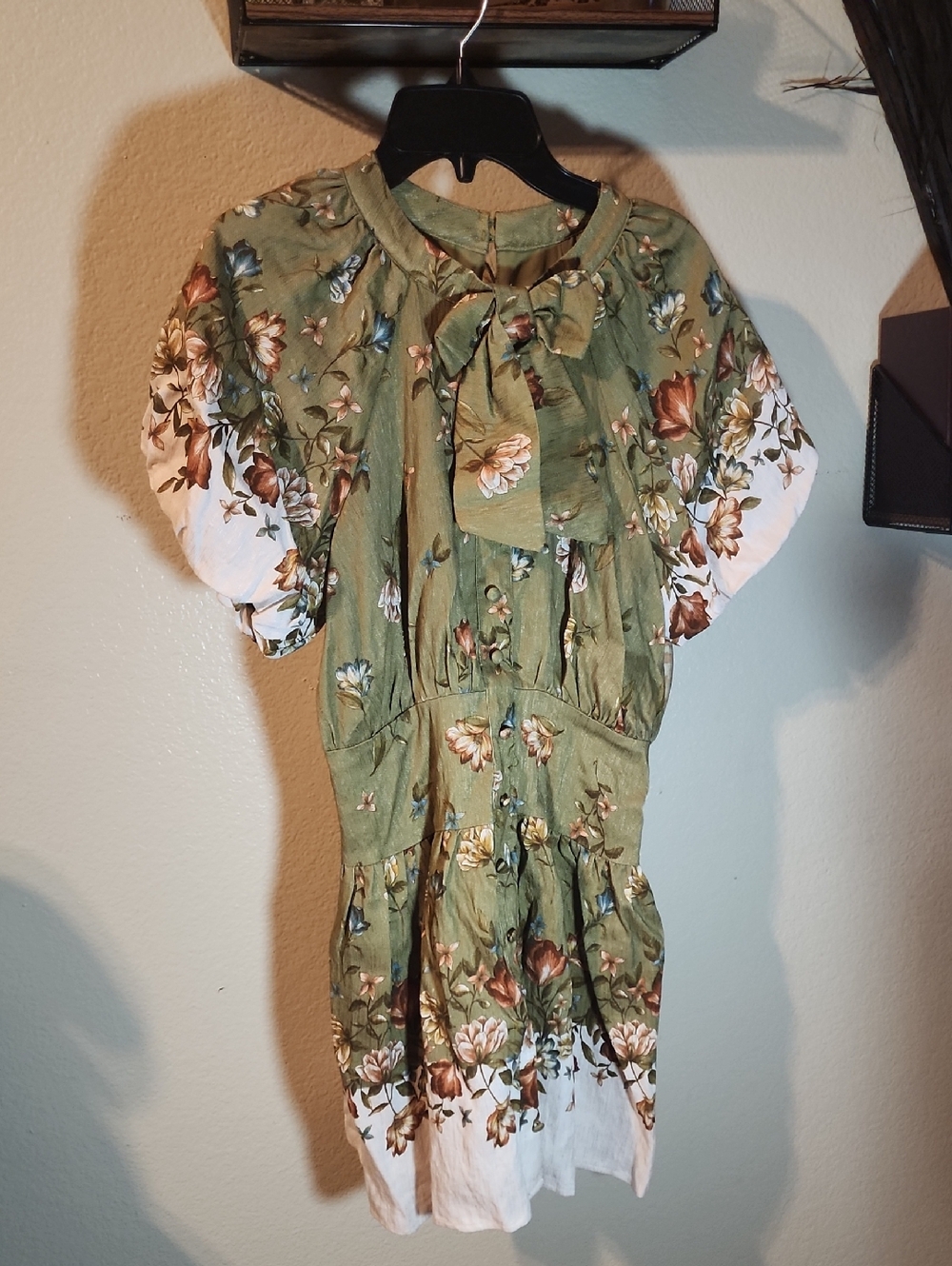 GB girls Olive Green Floral Tie-Neck Casual Dress